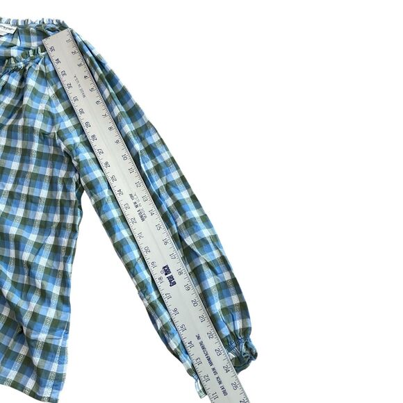 J Crew Blouse Womens M Green Tilly Plaid Artist Top Blue Ruffle Neck Boho Fall - Picture 7 of 9